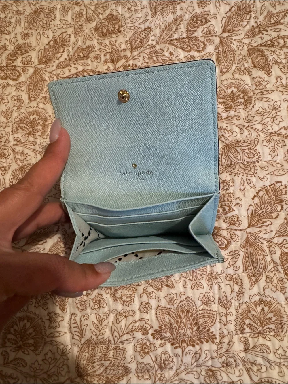 kate spade Pale Blue Saffiano Leather Bifold Wallet with Gold Plaque